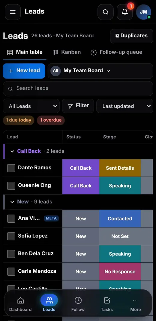Lead Pulse leads list on a phone, grouped by status
